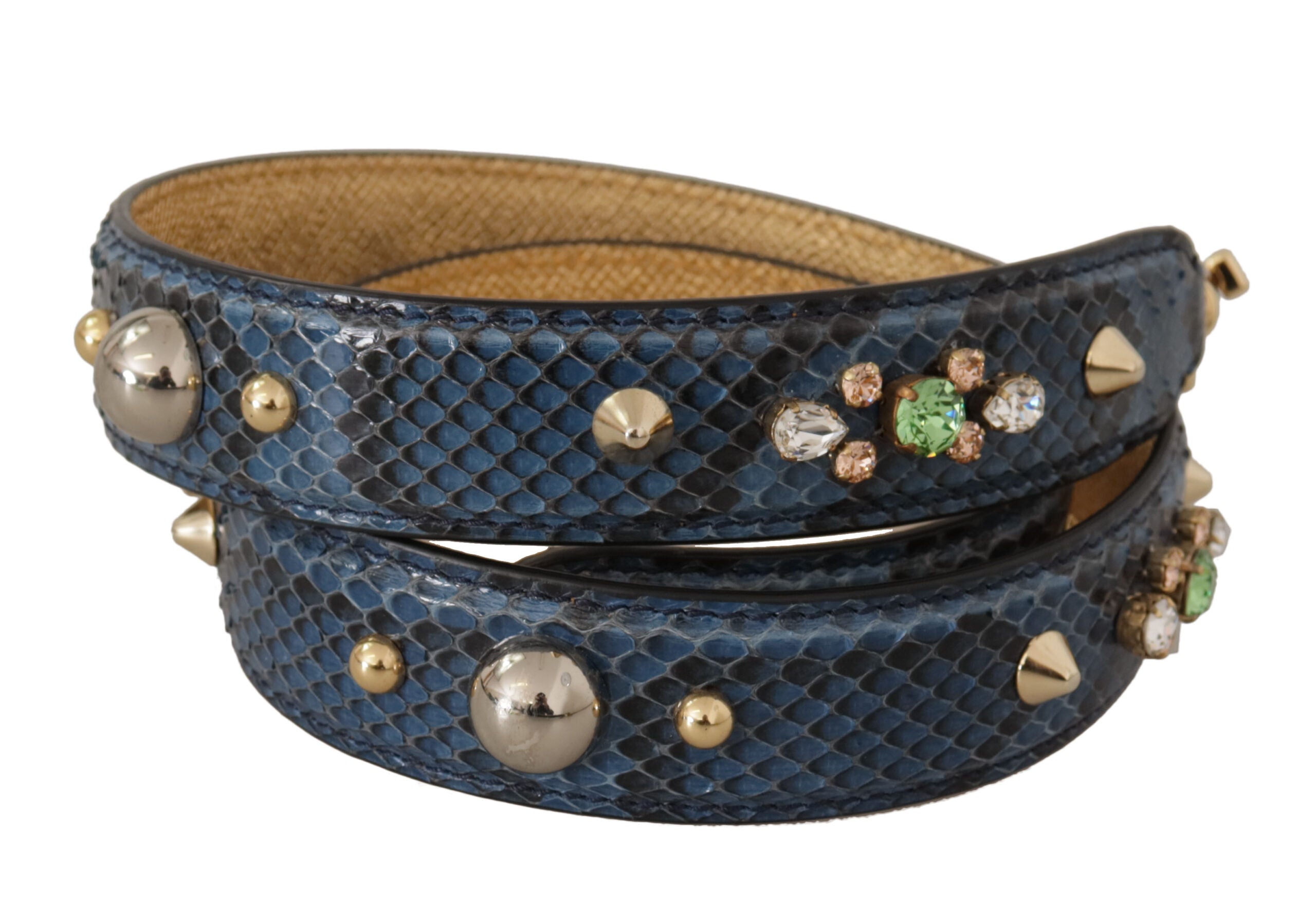 Синя екзотична кожена каишка с кристали на Dolce &amp; Gabbana през рамо