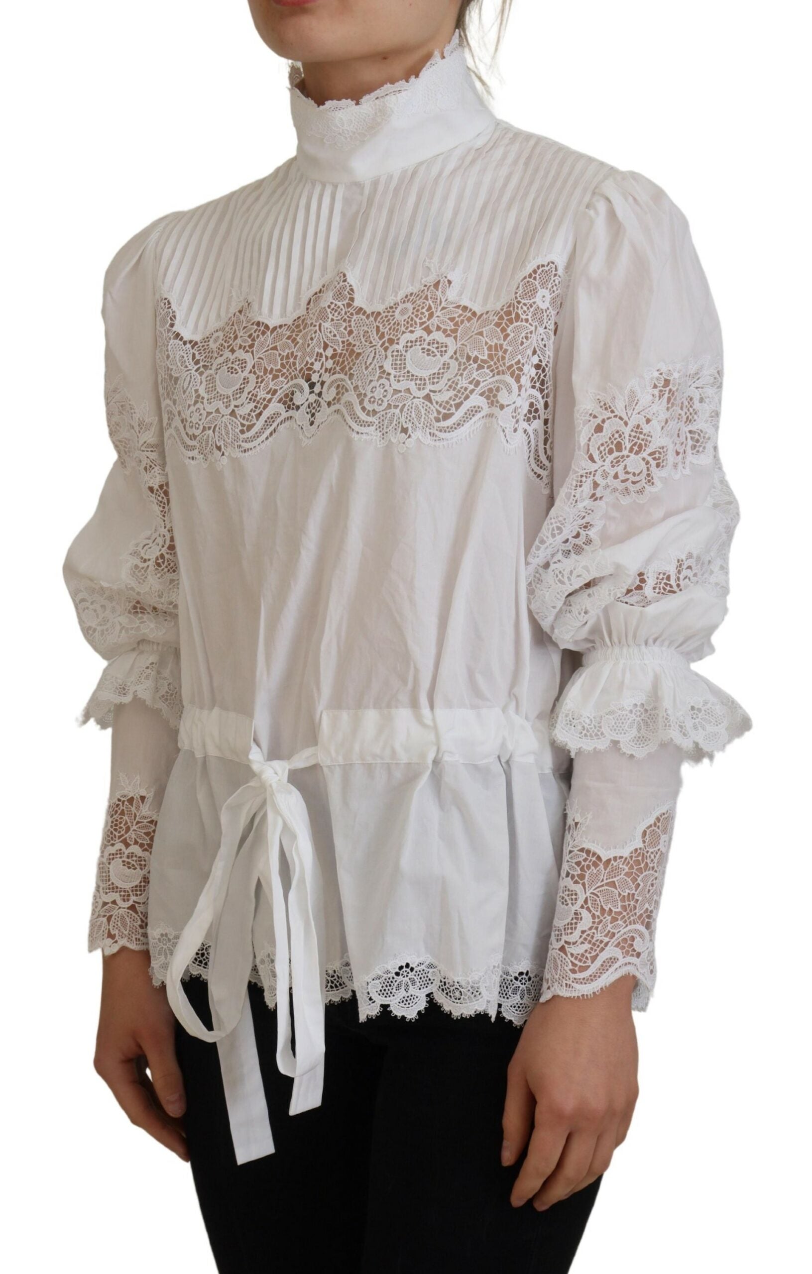Dolce &amp; Gabbana Бяла памучна дантелена гарнитура блуза с деколте на костенурка