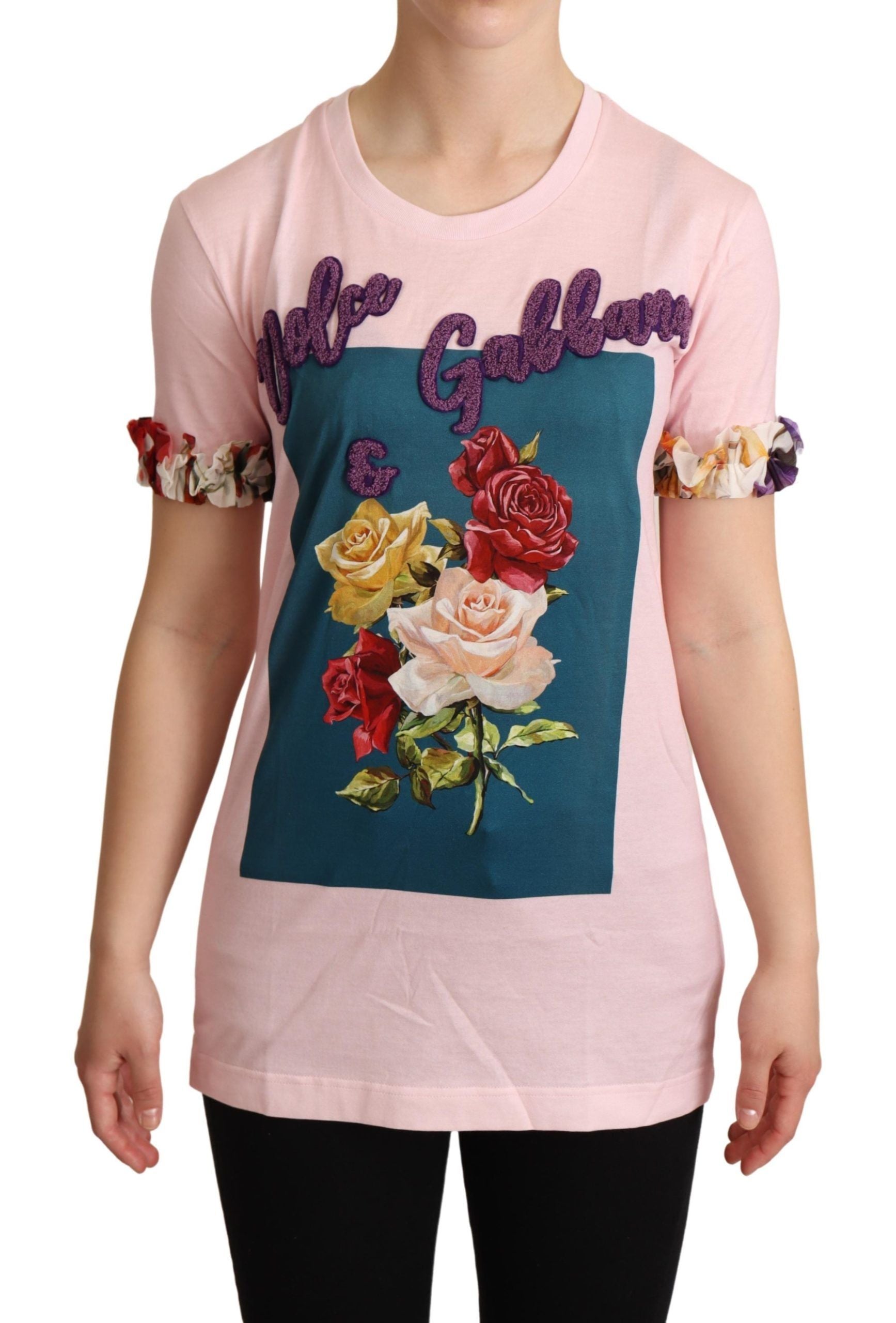 Тениска Dolce &amp; Gabbana Pink Cotton Floral Roses Crewneck