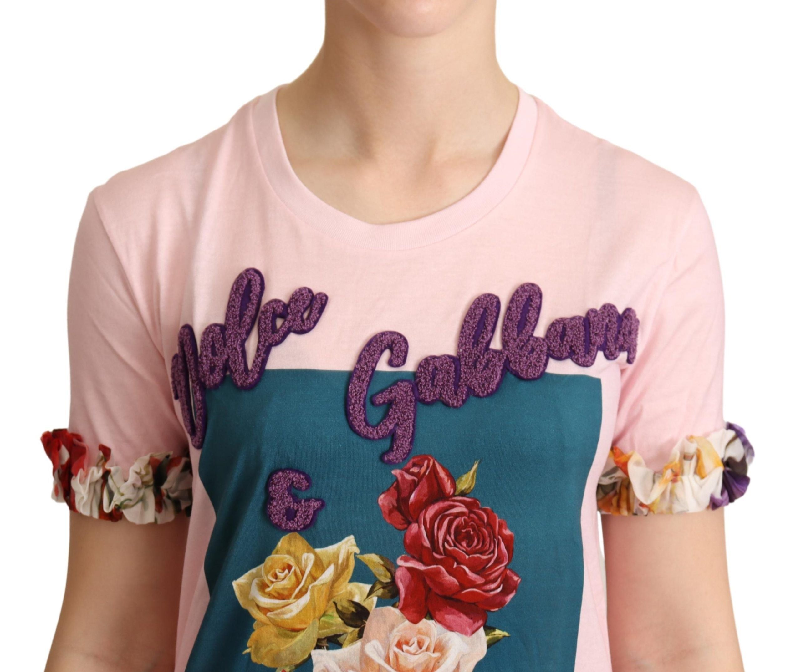 Тениска Dolce &amp; Gabbana Pink Cotton Floral Roses Crewneck