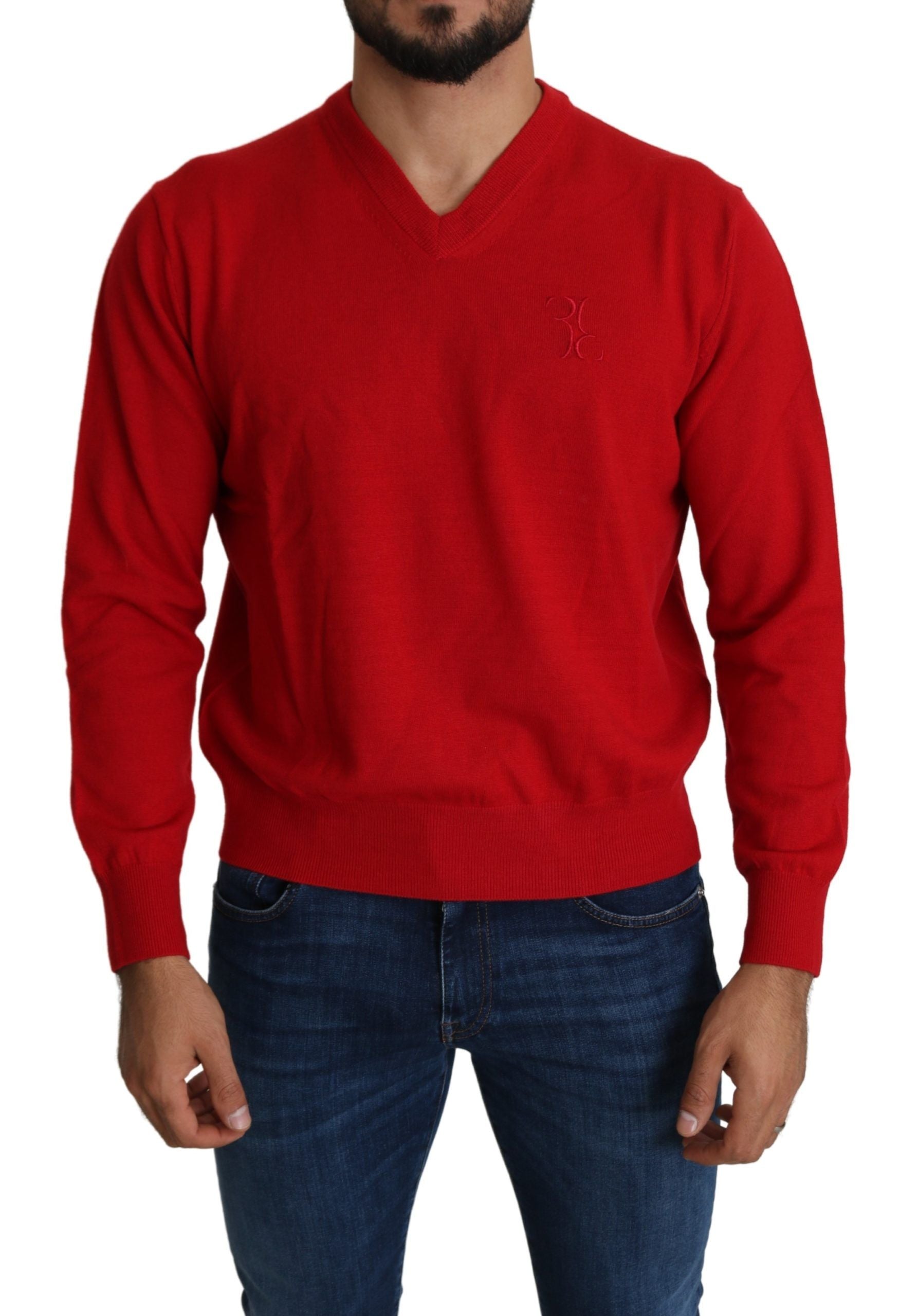 Червен вълнен пуловер с V-образно деколте Billionaire Italian Couture