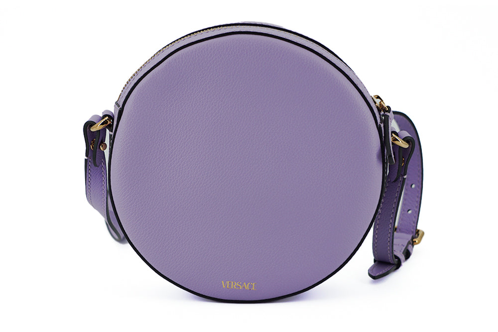 Кръгла диско чанта за през рамо от лилава телешка кожа Versace