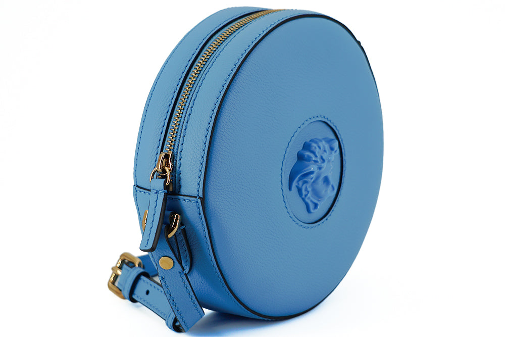 Кръгла диско чанта през рамо Versace от синя телешка кожа