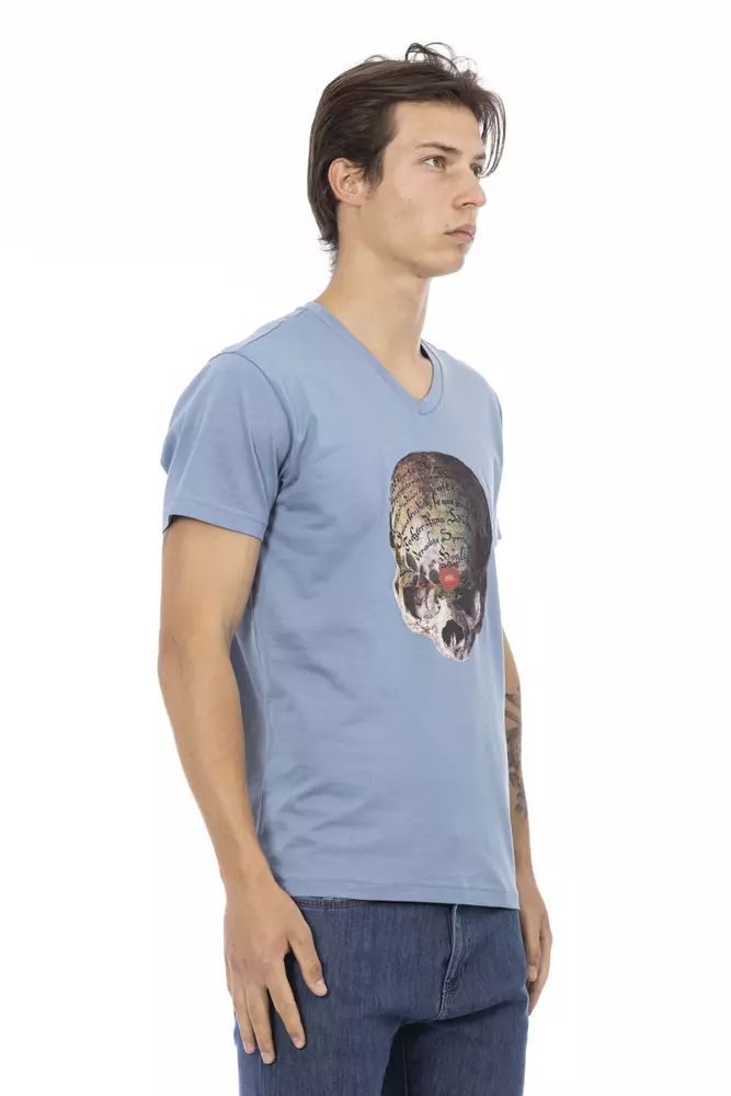 Trussardi Action Chic Light Blue V-Neck Tee with Front Print
