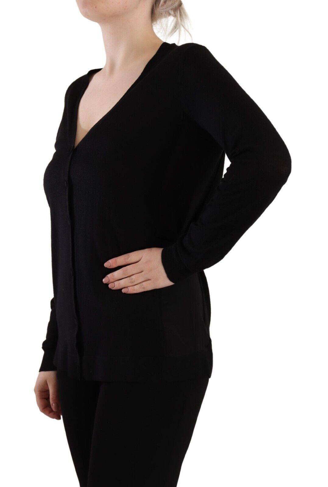 Черен вълнен пуловер с V-образно деколте и дълги ръкави Dolce &amp; Gabbana