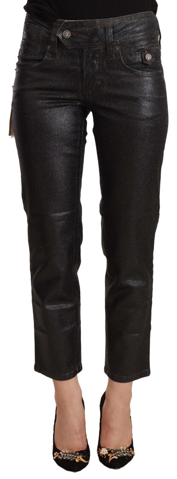 John Galliano Блестящи черни памучни панталони със средна талия
