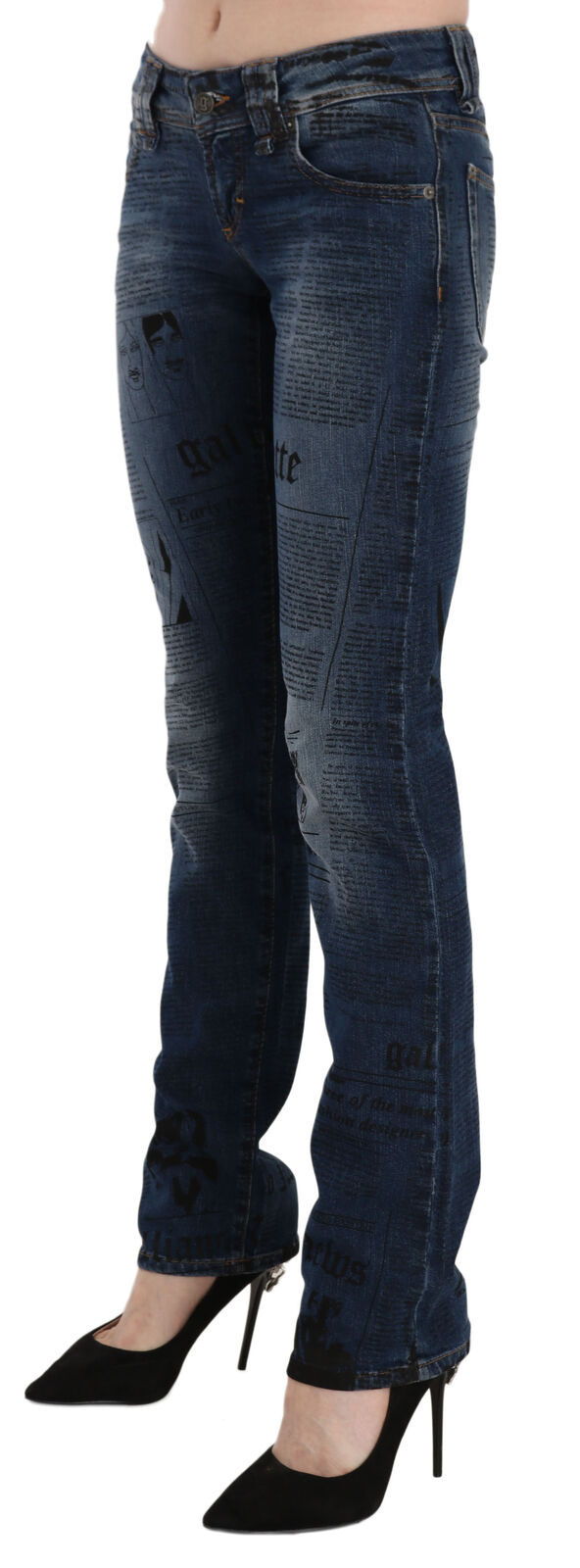 Тесни дънкови панталони с ниска талия със син вестникарски принт John Galliano
