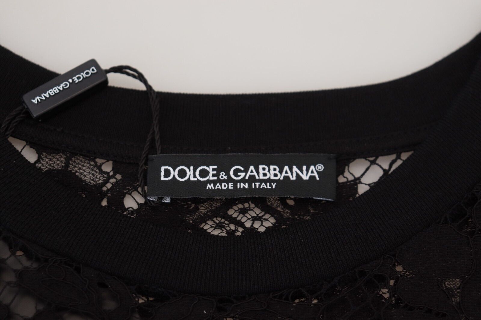 Черна памучна мини рокля с флорална дантела Dolce &amp; Gabbana