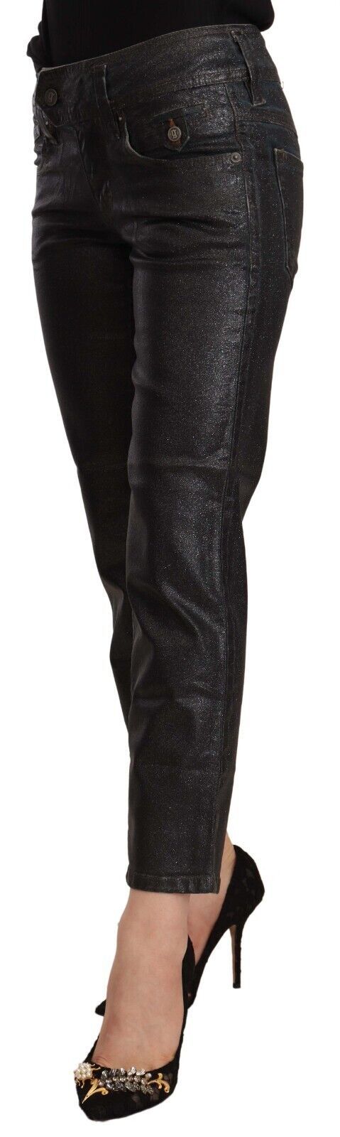 John Galliano Блестящи черни памучни панталони със средна талия