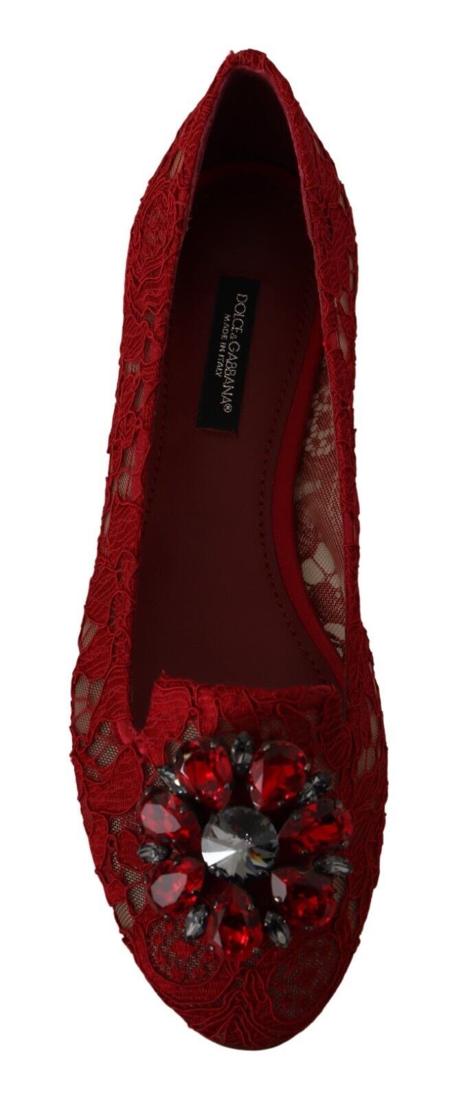 Dolce &amp; Gabbana Червени дантелени балетни обувки с кристални мокасини