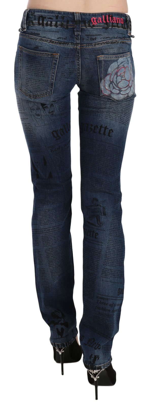 Тесни дънкови панталони с ниска талия със син вестникарски принт John Galliano
