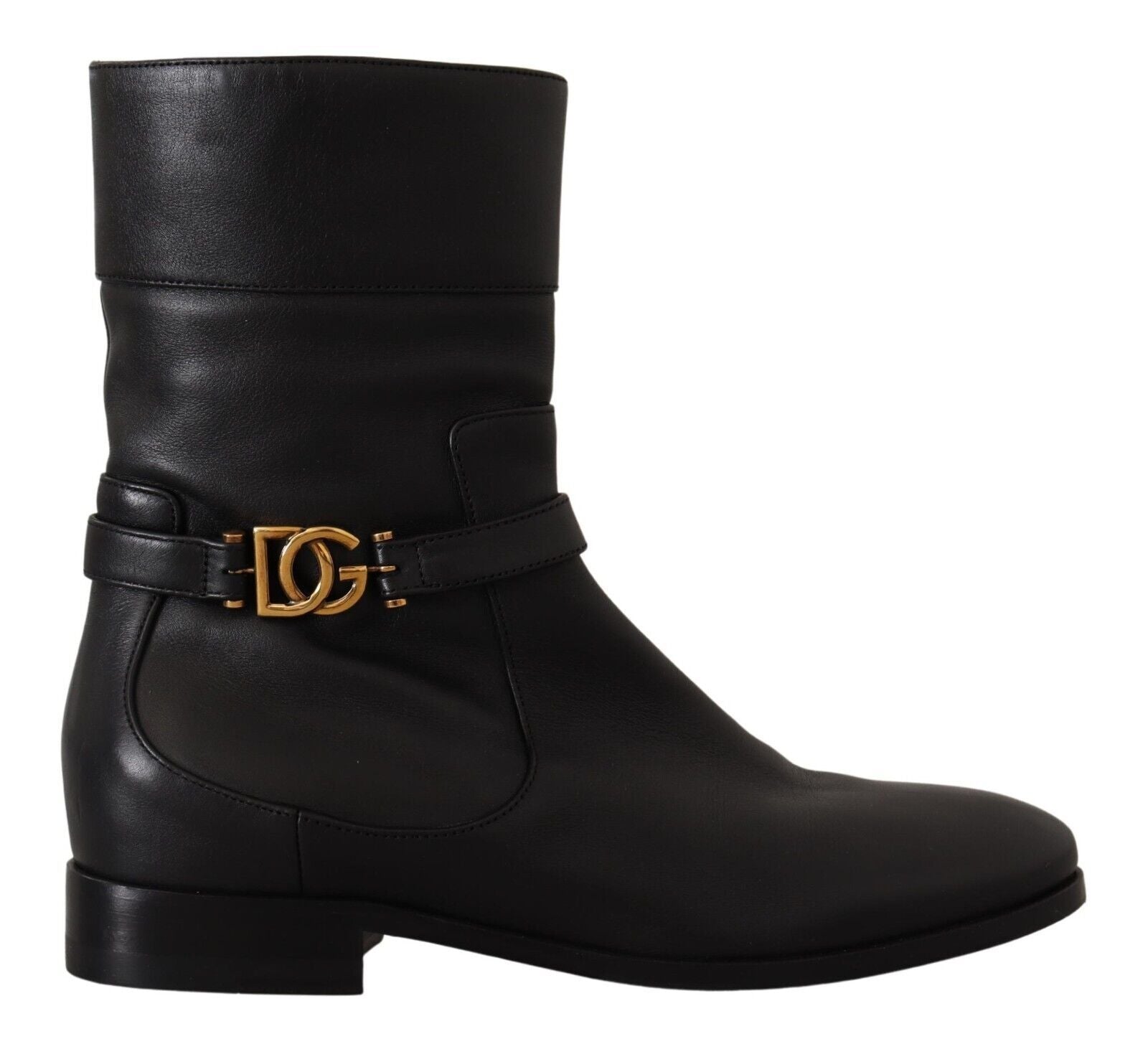 Dolce &amp; Gabbana Черни кожени обувки с равни обувки с лого Къси ботуши Обувки
