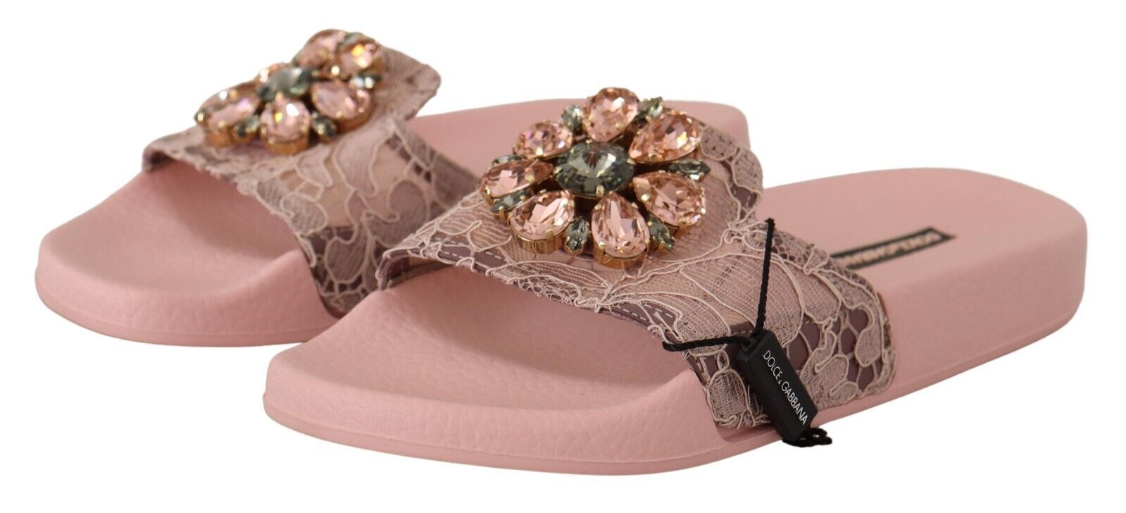 Dolce &amp; Gabbana Розови дантелени сандали с кристали Плъзгачи Плажни обувки