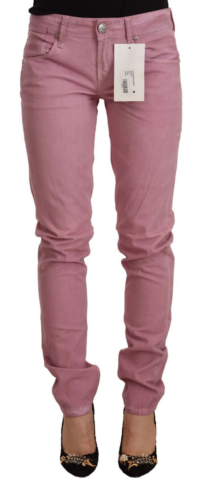 Розови памучни тесни дамски тесни дънки Acht