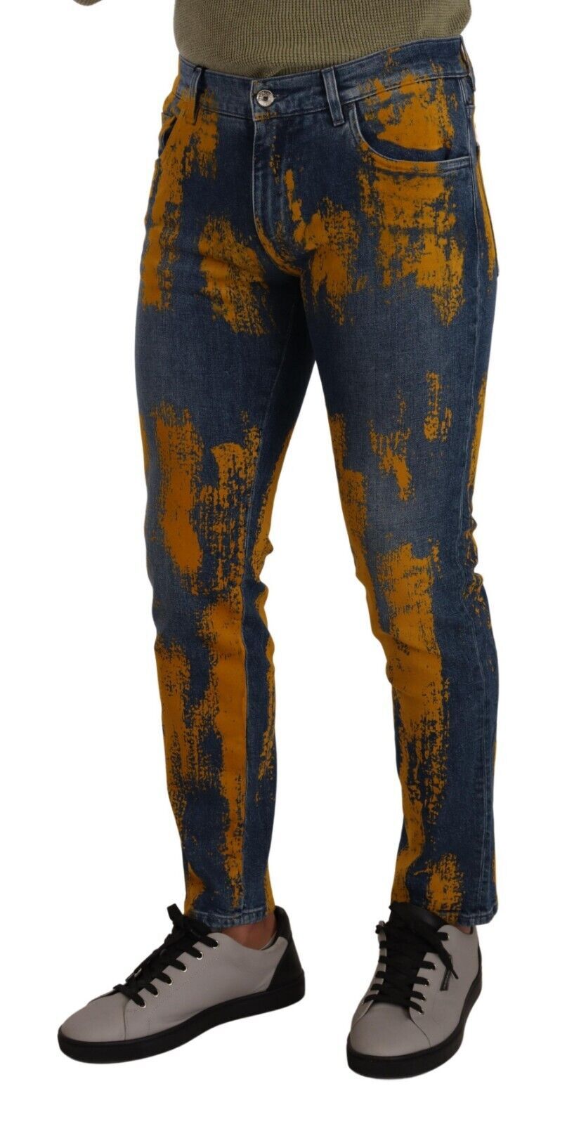 Dolce &amp; Gabbana Blue Yellow Dye Cotton Skinny Men Denim Jeans