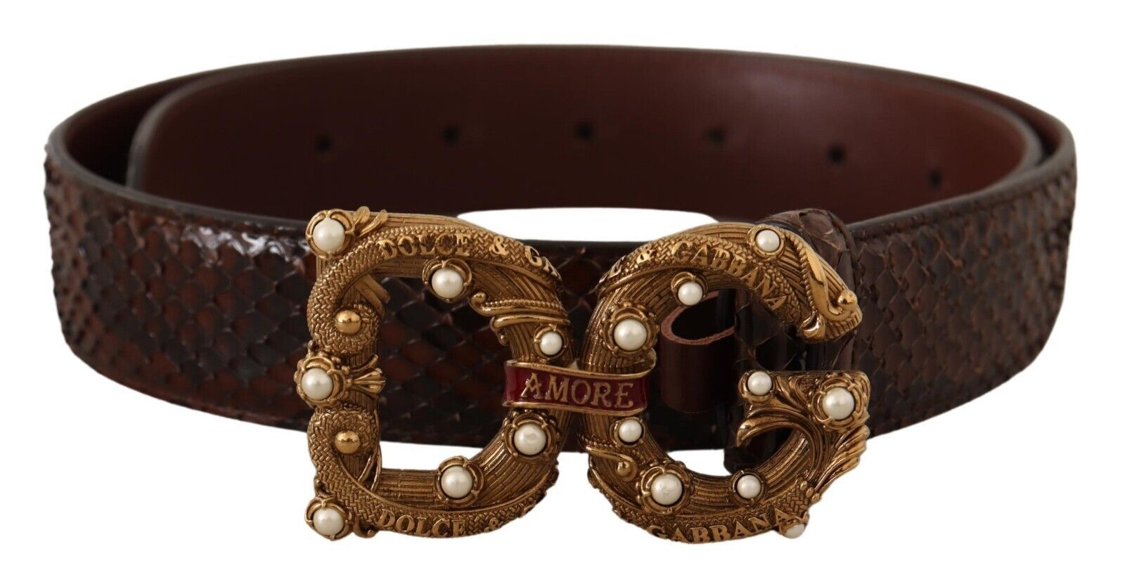 Dolce &amp; Gabbana кафяв екзотичен кожен колан с катарама с лого Amore
