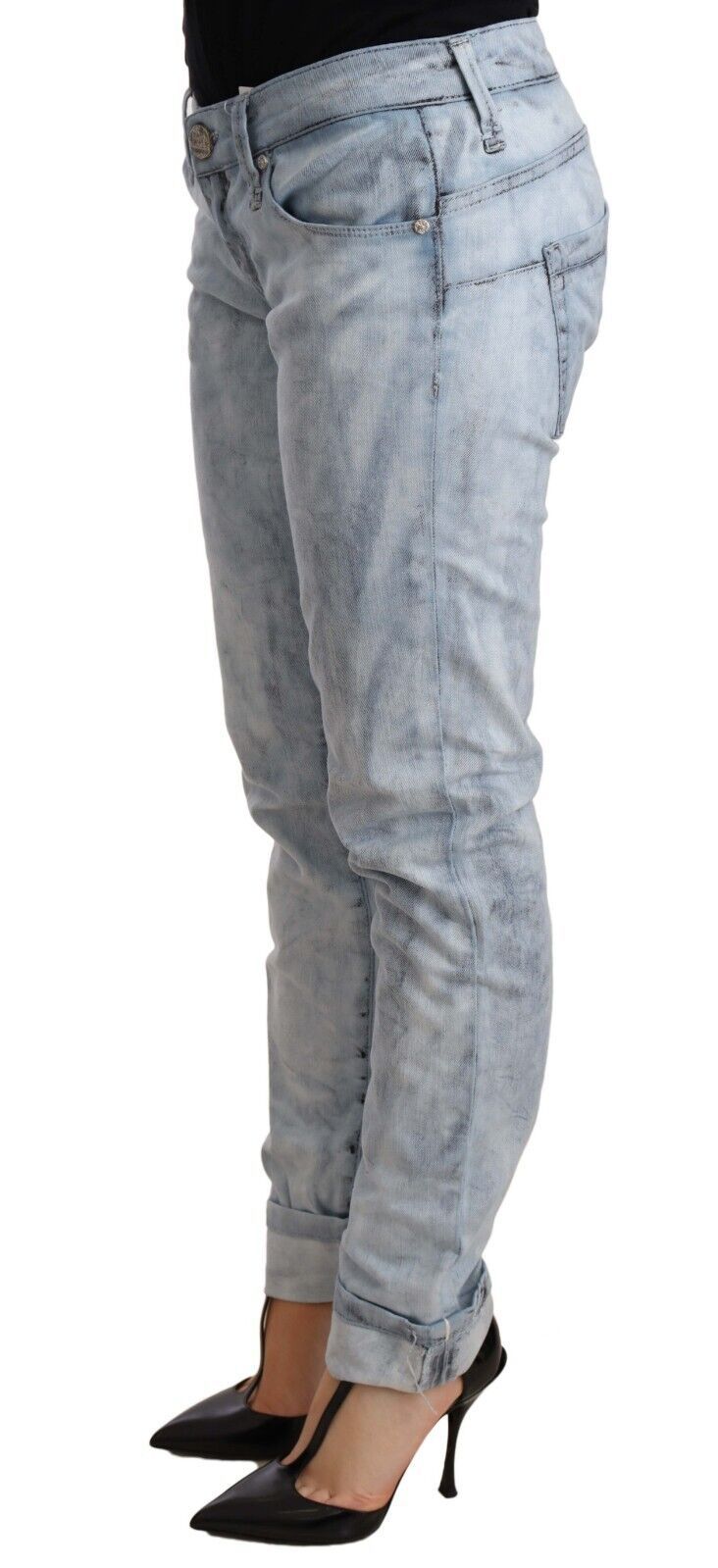 Светлосин дънков панталон от измит памук с нагънат подгъв