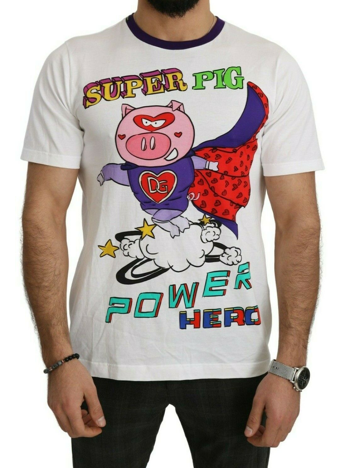 Бяла памучна тениска Super Power Pig на Dolce &amp; Gabbana