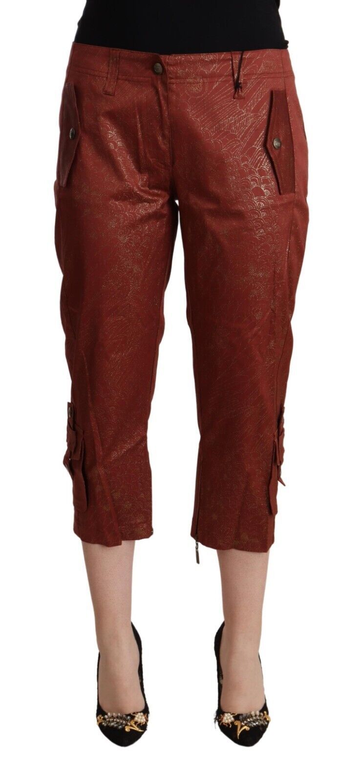 Кафяви панталони тип Капри Just Cavalli със средна талия и лурекс