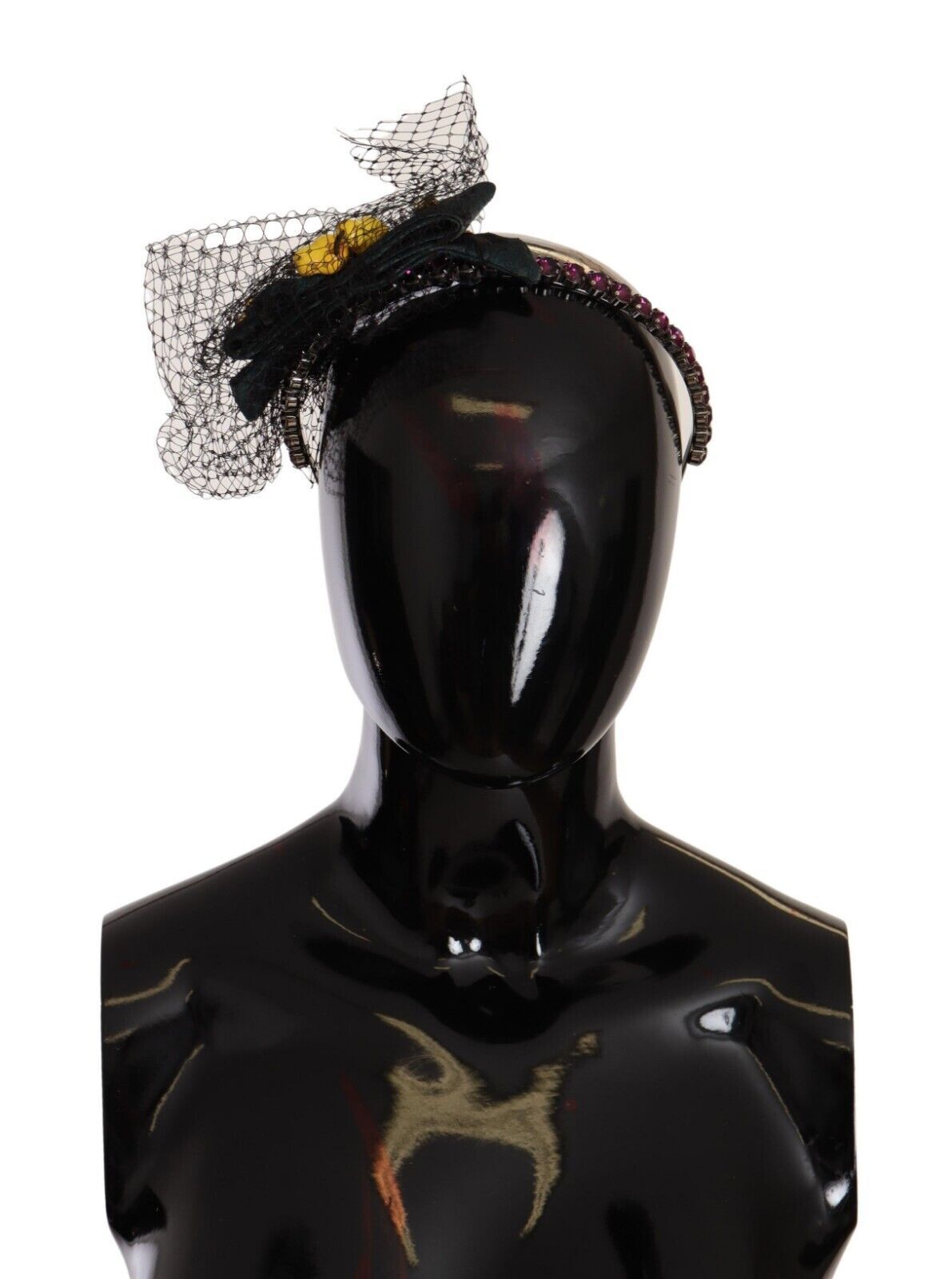 Dolce &amp; Gabbana Сребърна тиара, кристали, плодове, черна мрежеста лента за глава с диадема