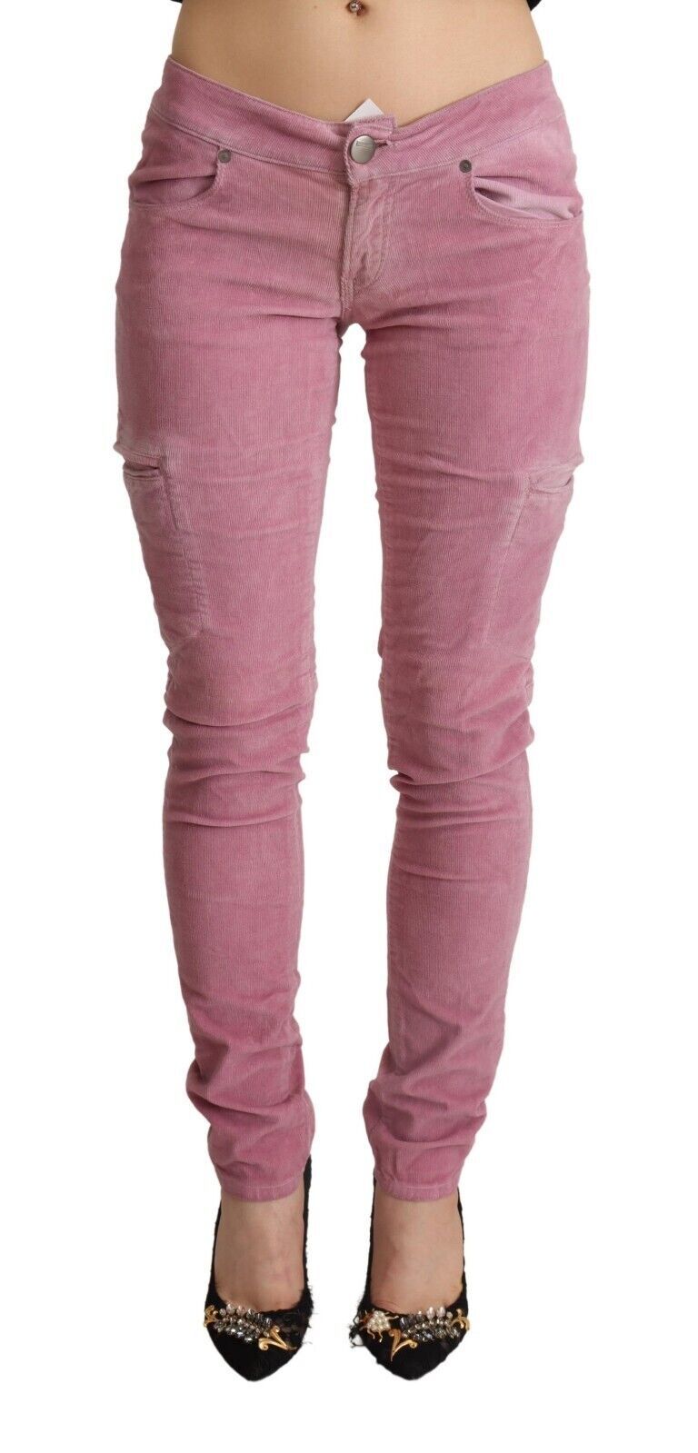 Розови памучни тесни дънкови карго дънки с ниска талия