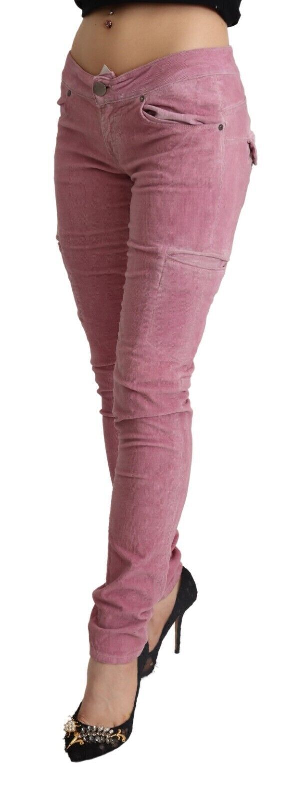 Розови памучни тесни дънкови карго дънки с ниска талия