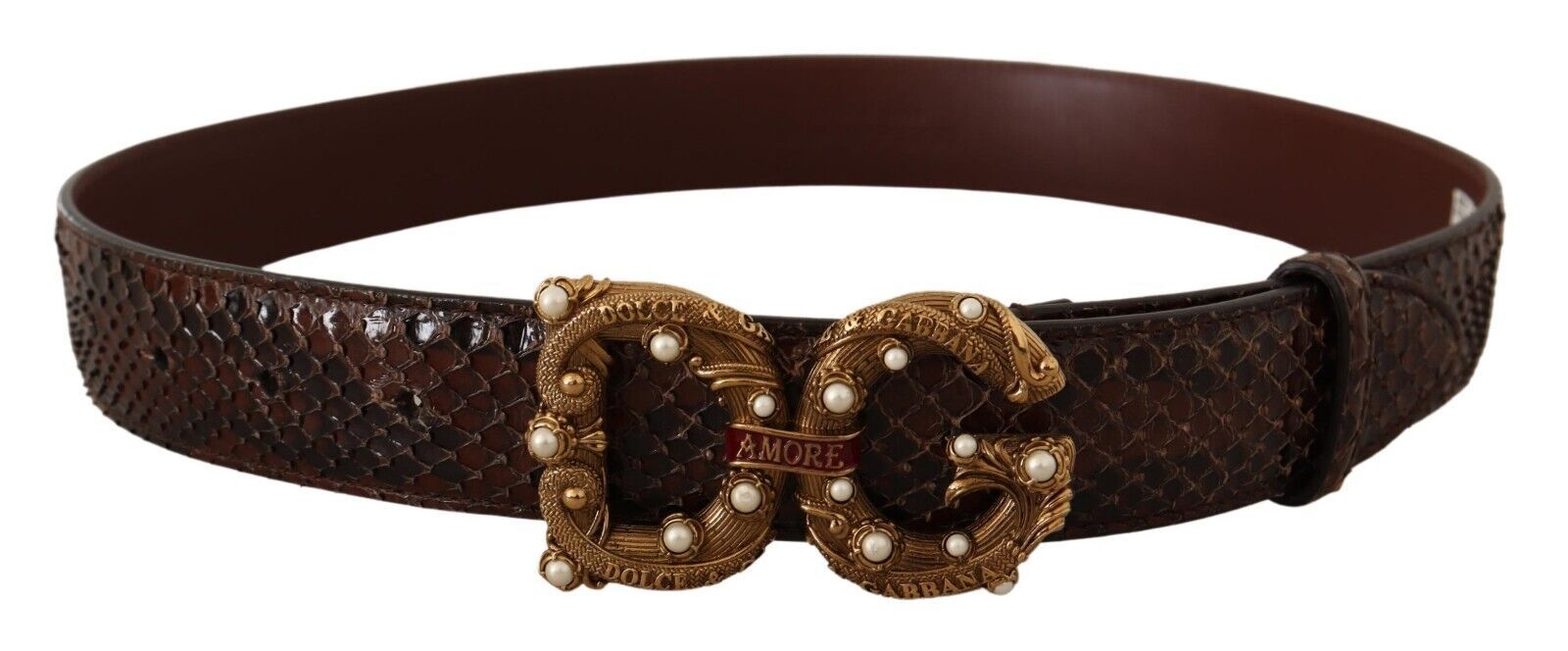 Dolce &amp; Gabbana кафяв екзотичен кожен колан с катарама с лого Amore