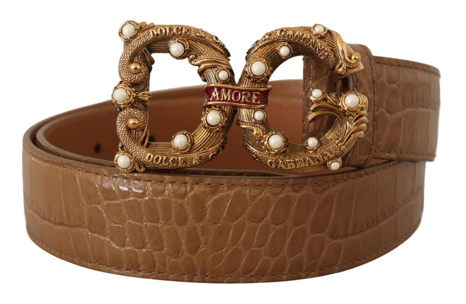 Колан Amore с кафяво кожено лого с шарка на крокодил Dolce &amp; Gabbana
