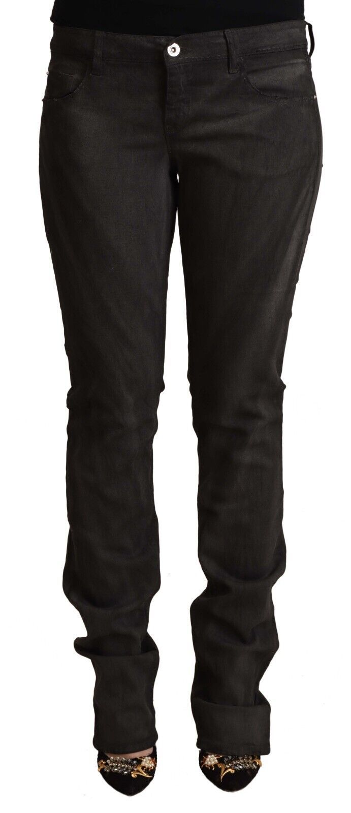 Национални черни памучни тесни панталони със средна талия