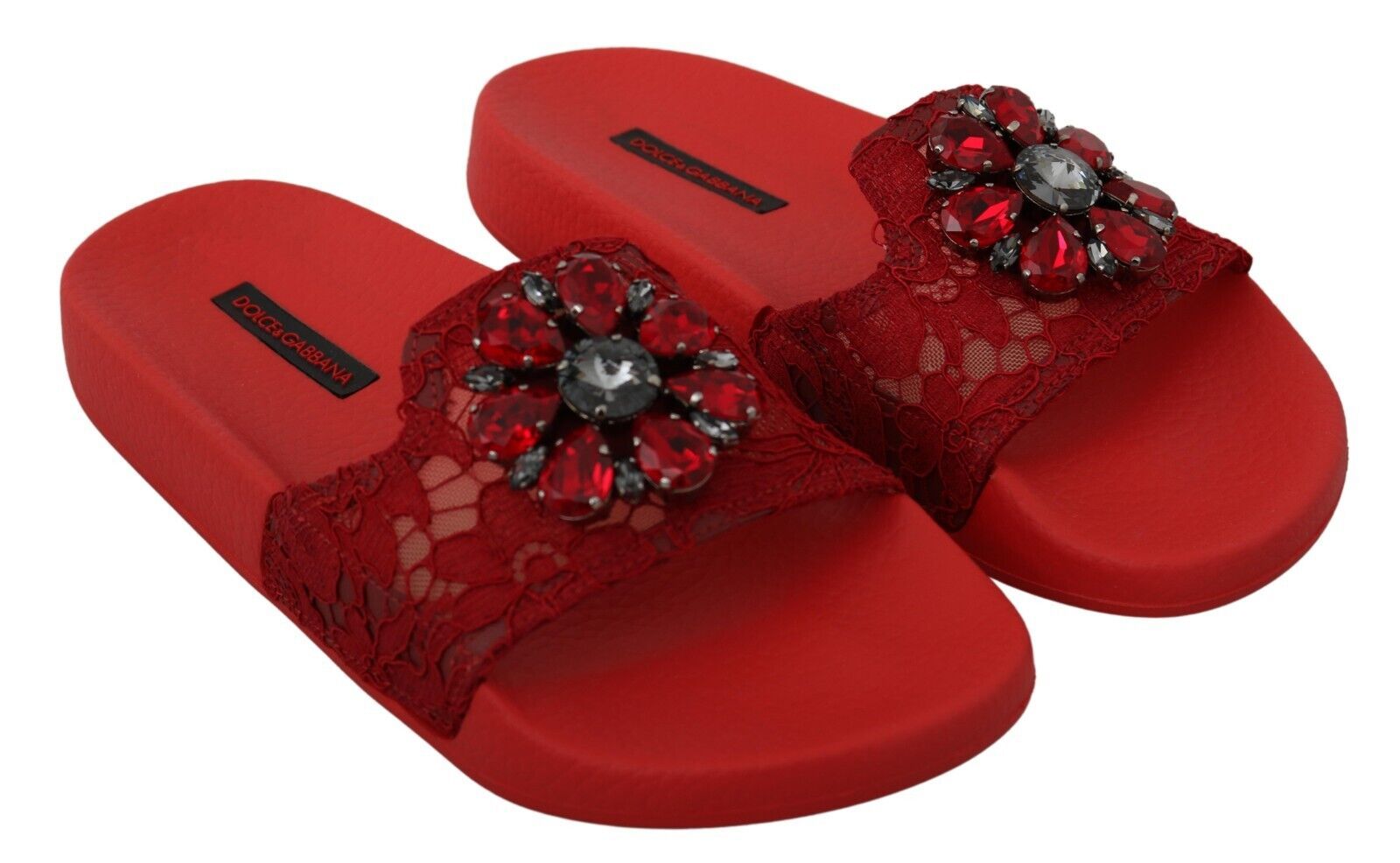 Dolce &amp; Gabbana червени дантелени кристални сандали пързалки Плажни обувки