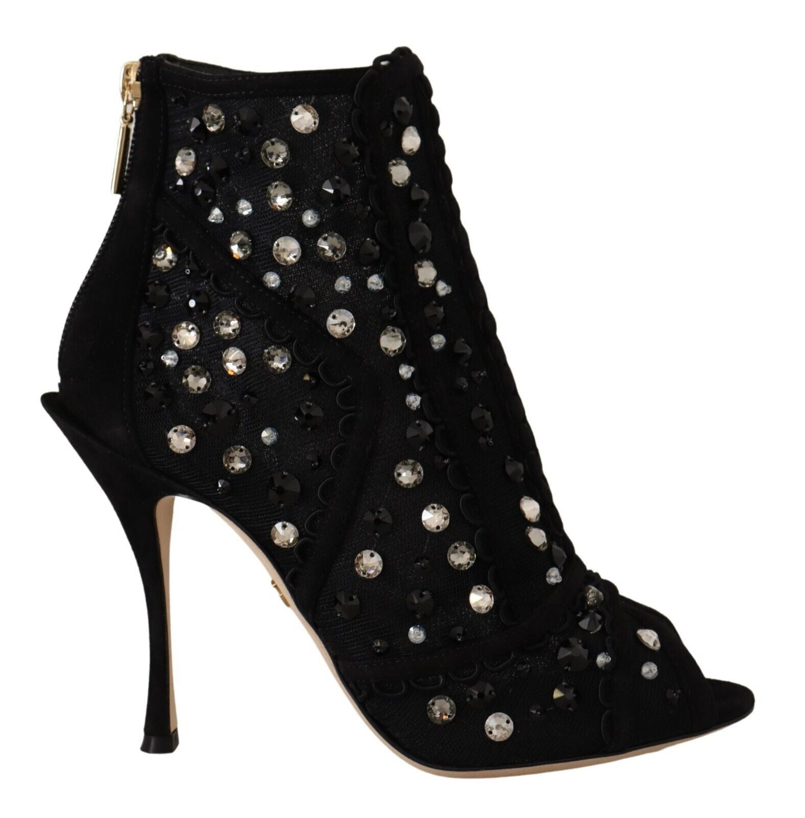Dolce &amp; Gabbana, черни кристали, токчета, цип, къси ботуши, обувки