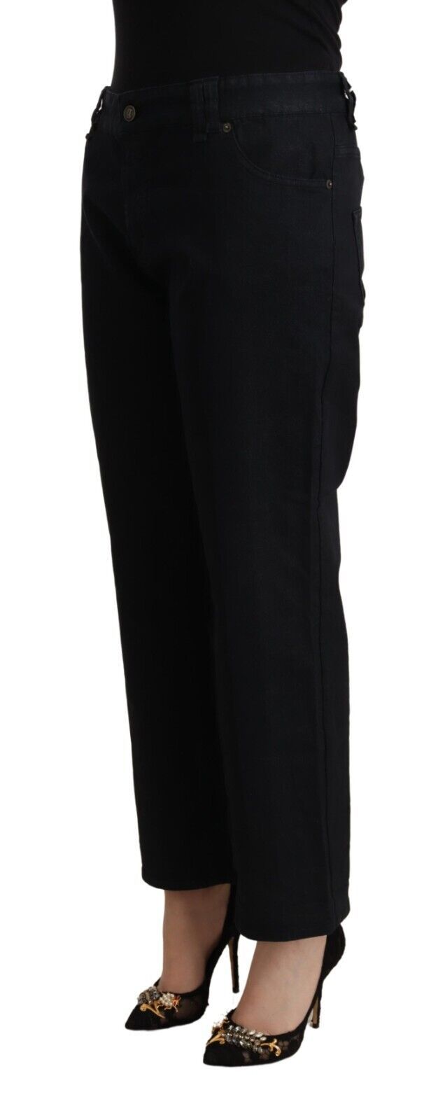 John Galliano, черни памучни дънки с изрязани дънки с висока талия