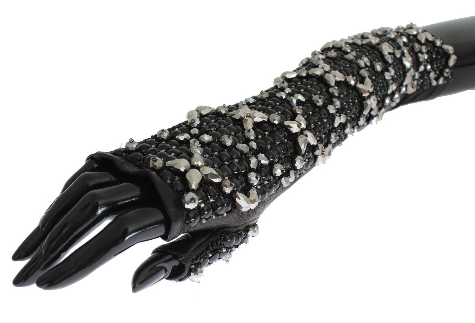 Dolce &amp; Gabbana Черни кожени ръкавици без пръсти с кристални мъниста