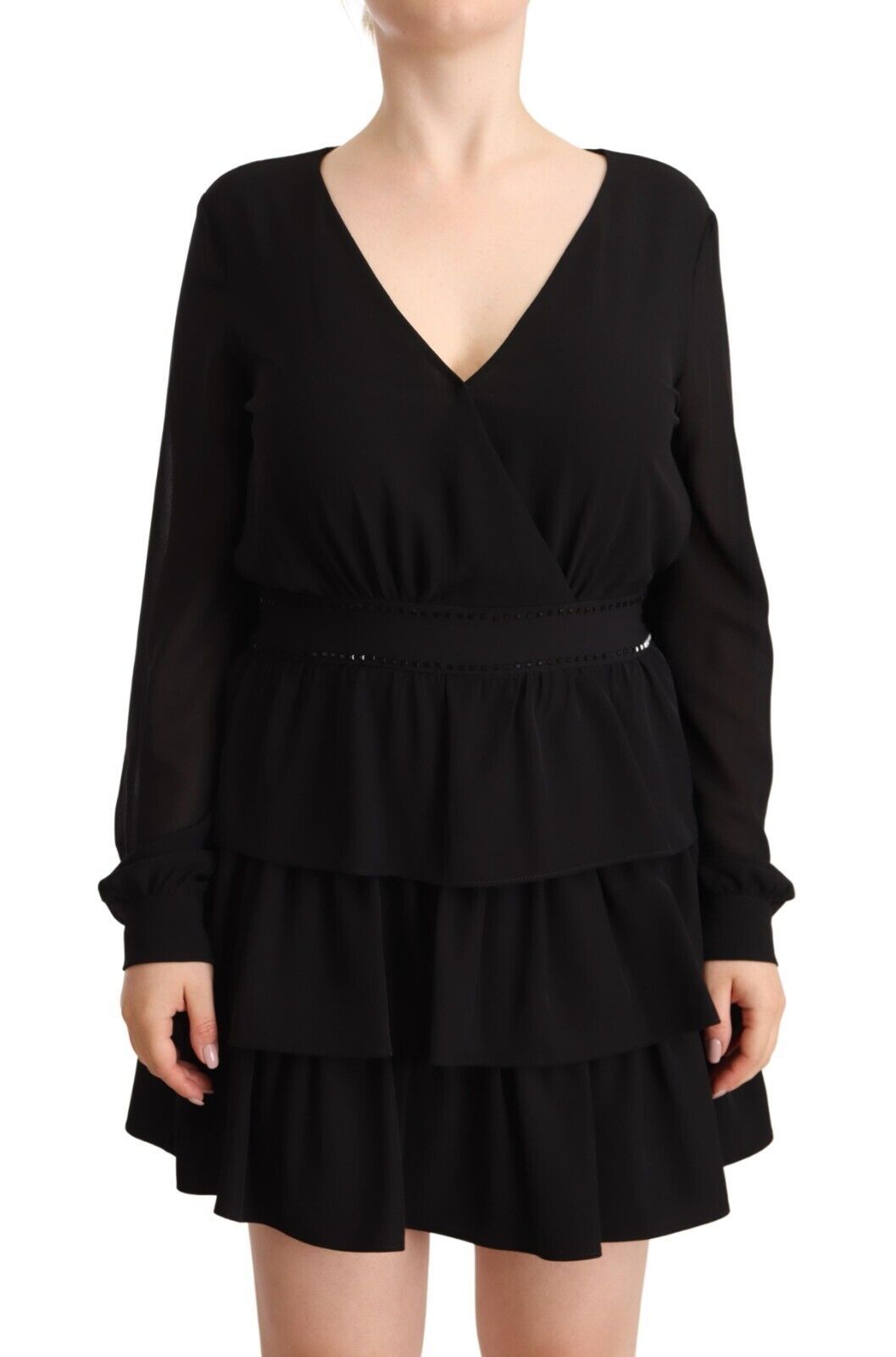 Черна полиестерна рокля с дълги ръкави и V-образно деколте на Liu Jo