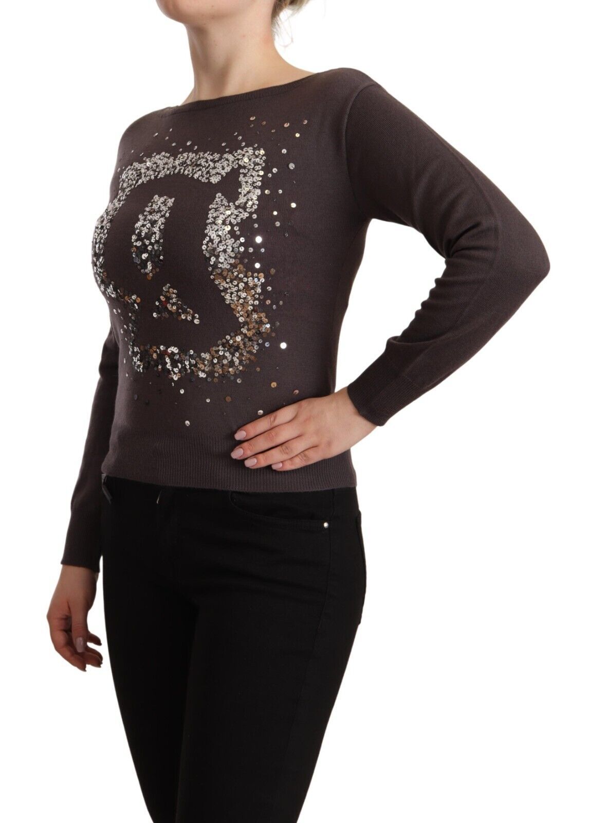 Кафяв вълнен пуловер с дълги ръкави и пайети на John Galliano
