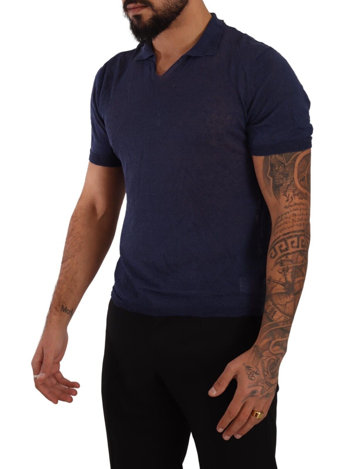 Daniele Alessandrini Navy Linen Blend Collared T-Shirt