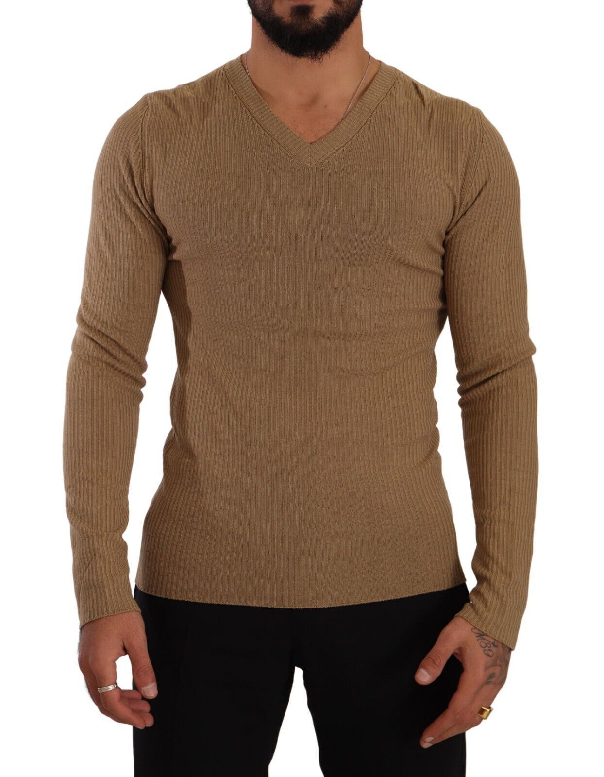 Кафяв вълнен плетен мъжки пуловер с V-образно деколте Ermanno Scervino