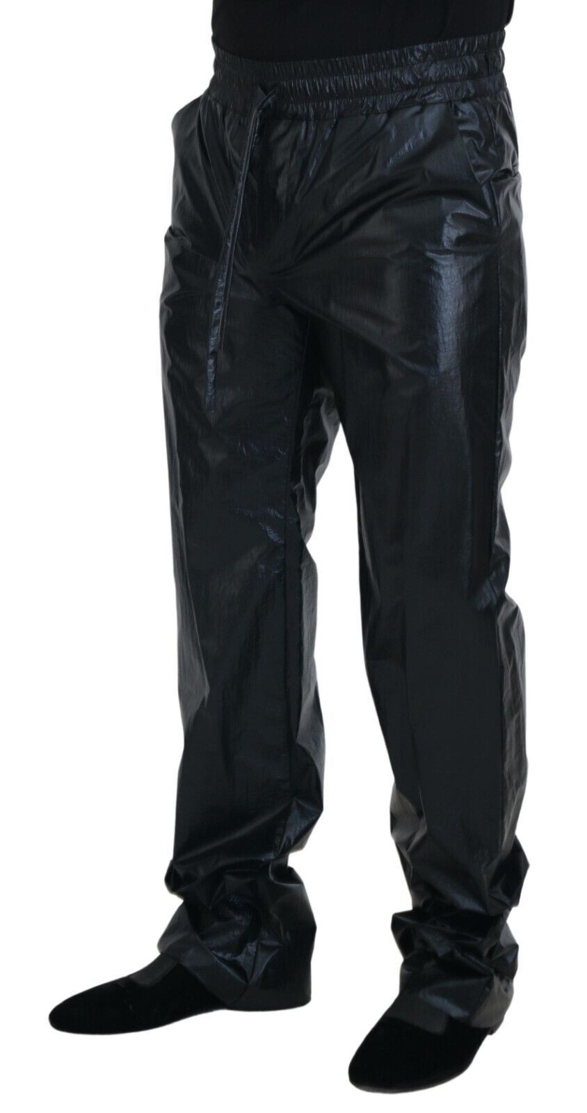 Dolce &amp; Gabbana черни блестящи панталони с връзки, найлонови панталони