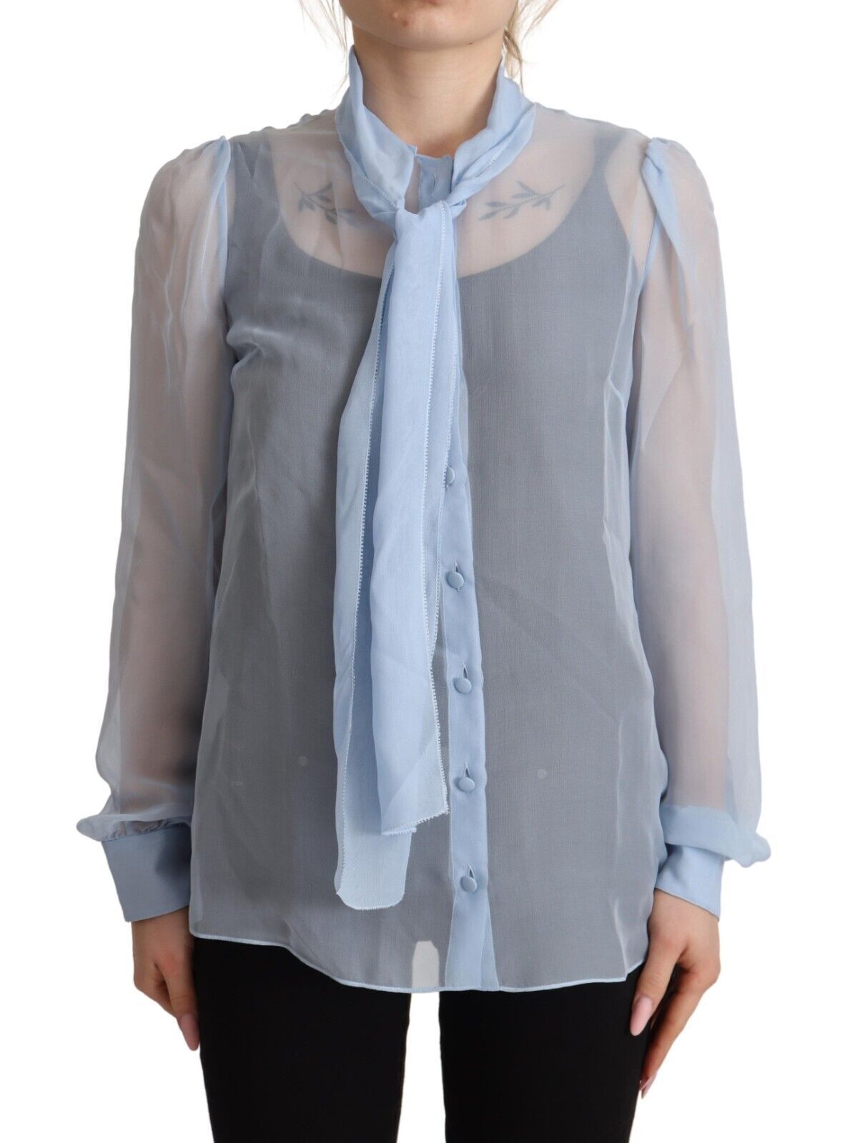 Dolce &amp; Gabbana Светлосиня копринена блуза с яка и дълги ръкави