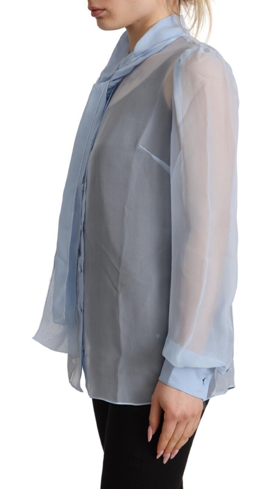 Dolce &amp; Gabbana Светлосиня копринена блуза с яка и дълги ръкави