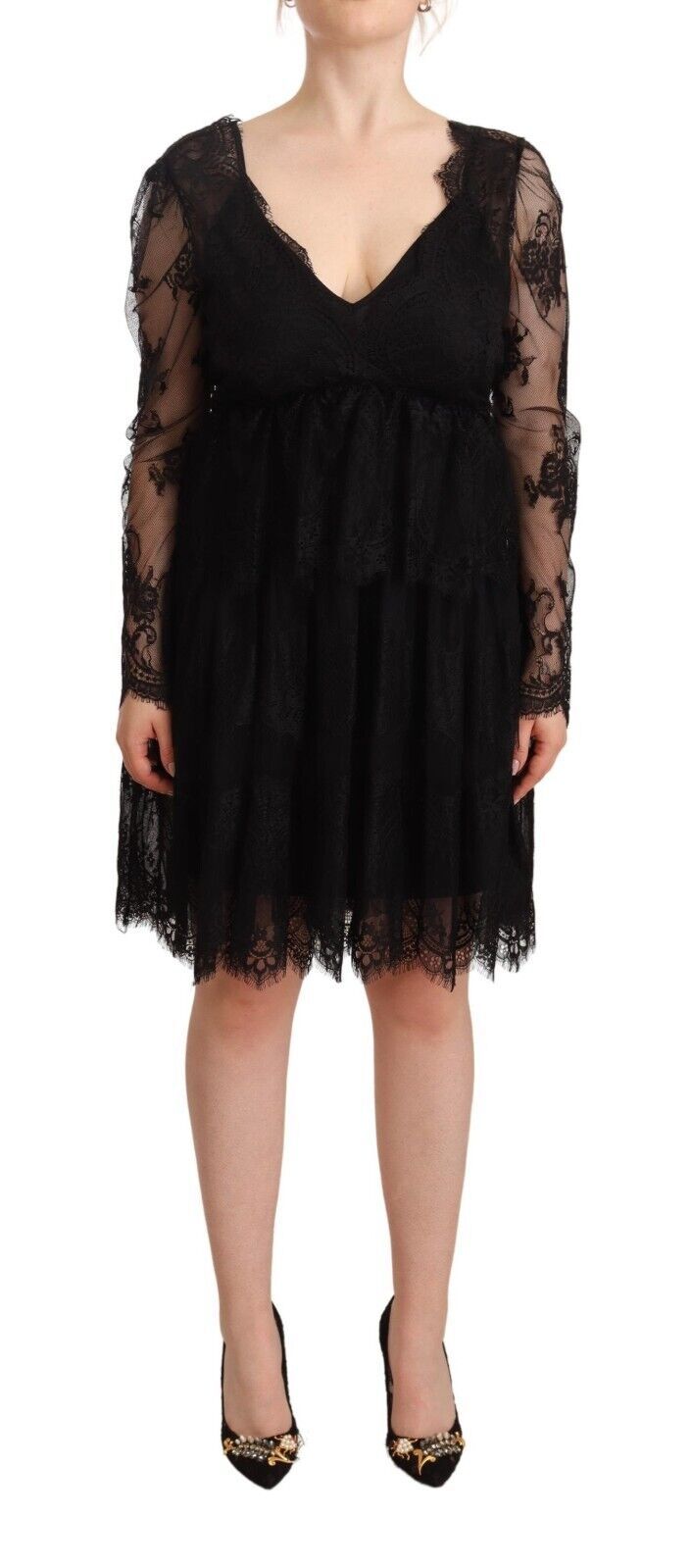 Черна памучна дантелена рокля с V-образно деколте и дълги ръкави Aniye By