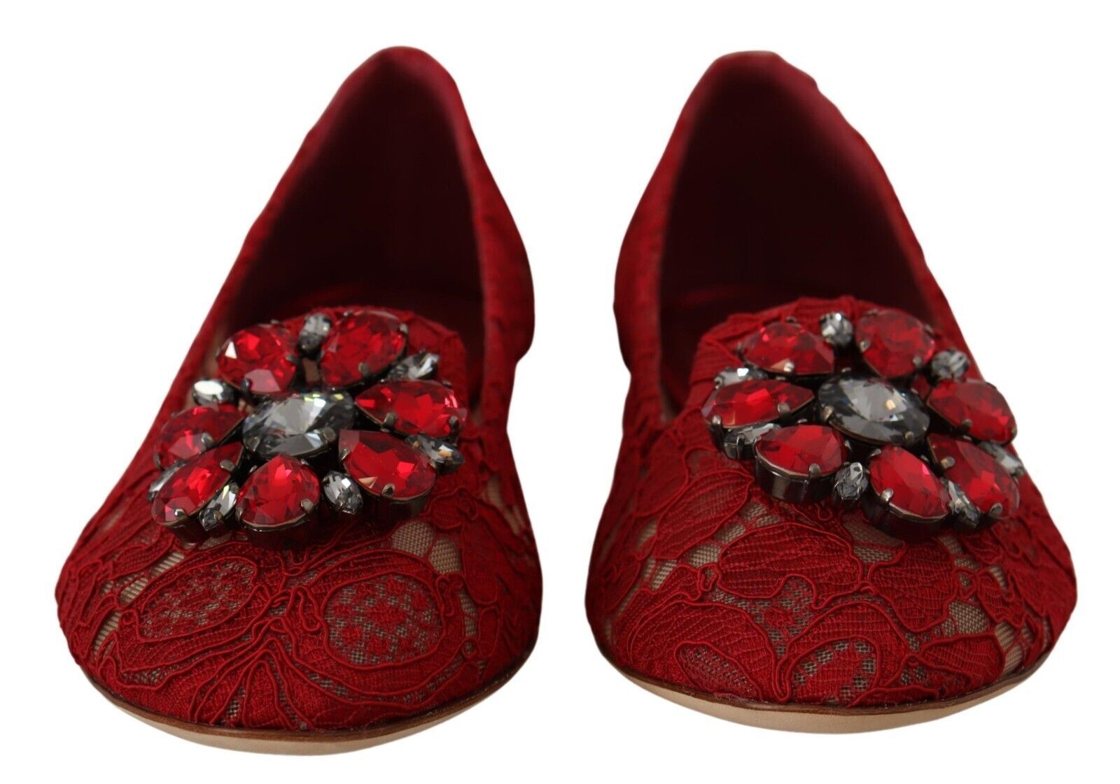 Dolce &amp; Gabbana Червени дантелени балетни обувки с кристални мокасини