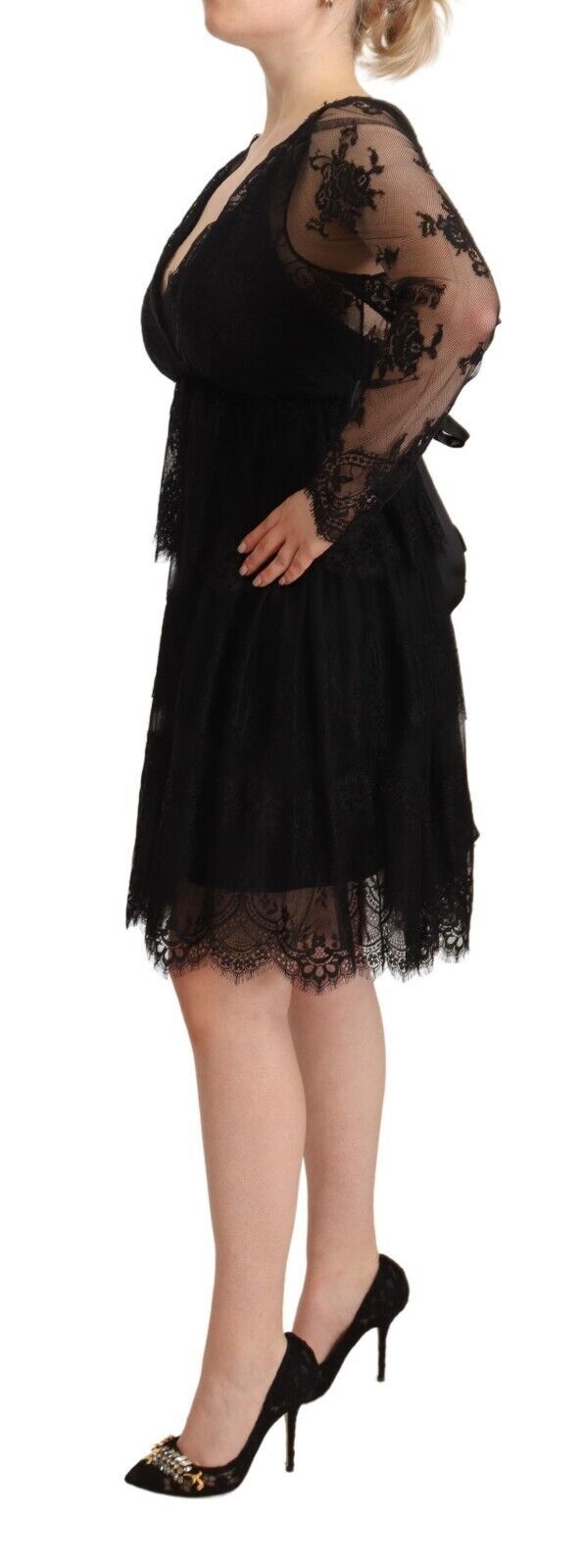 Черна памучна дантелена рокля с V-образно деколте и дълги ръкави Aniye By
